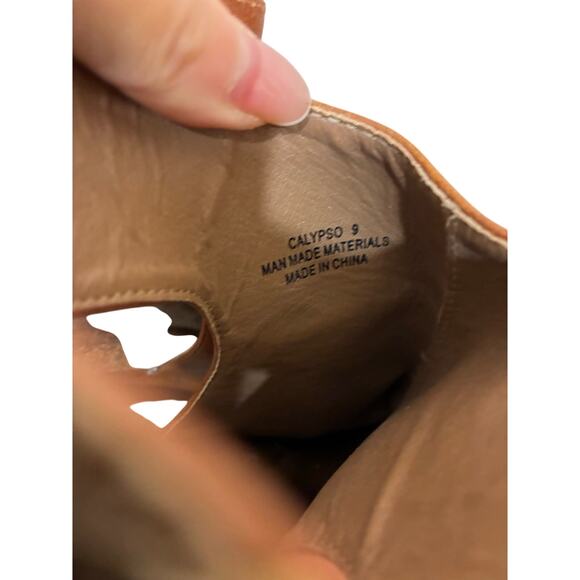 Corkys Calypso Wedge Sandal EUC Cognac Old Money Preppy Western 9 Minimalist - Picture 4 of 6